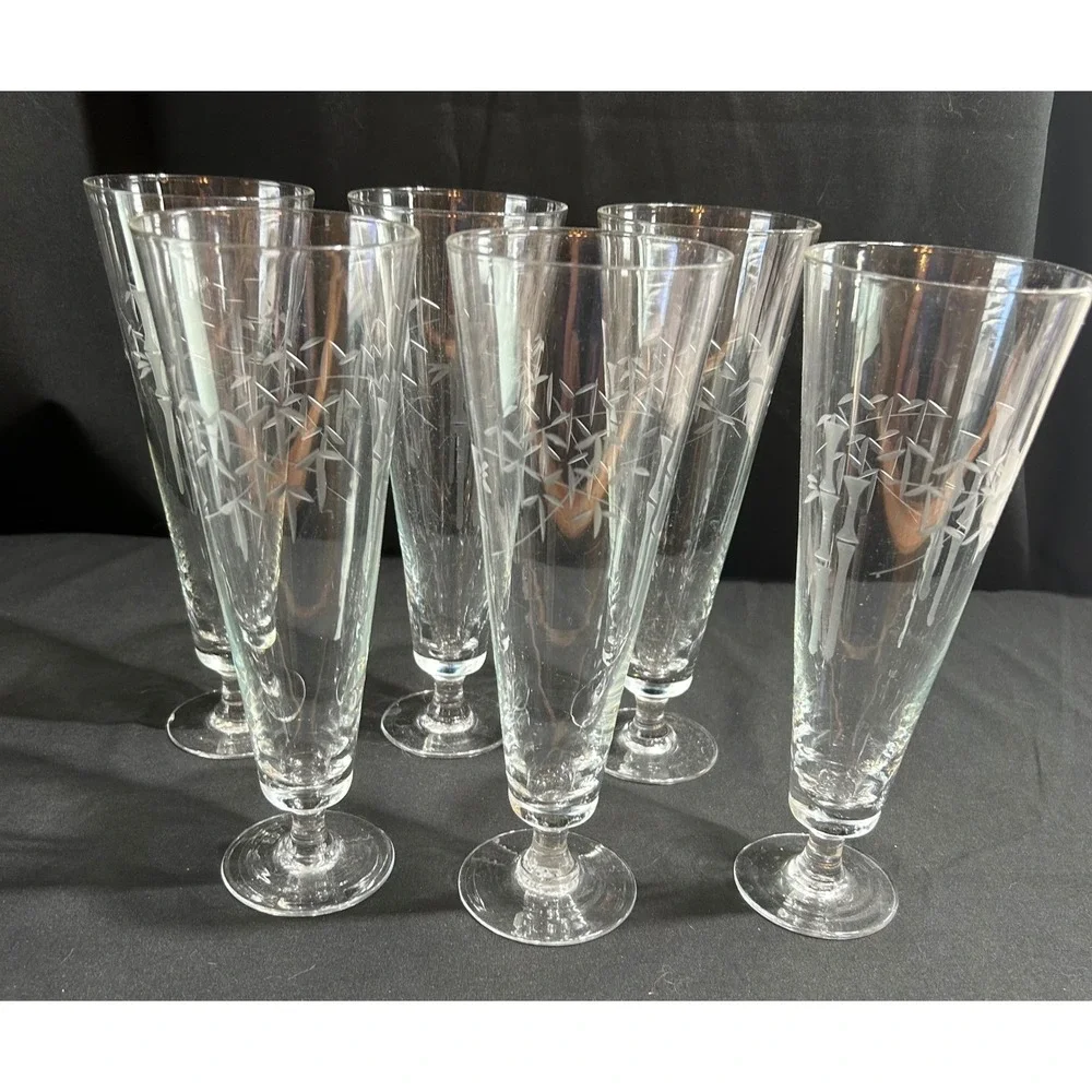 Set of 6 Vintage Bamboo Etched Footed‎ Glasses Champagne Flutes Tall Pilsner MCM
